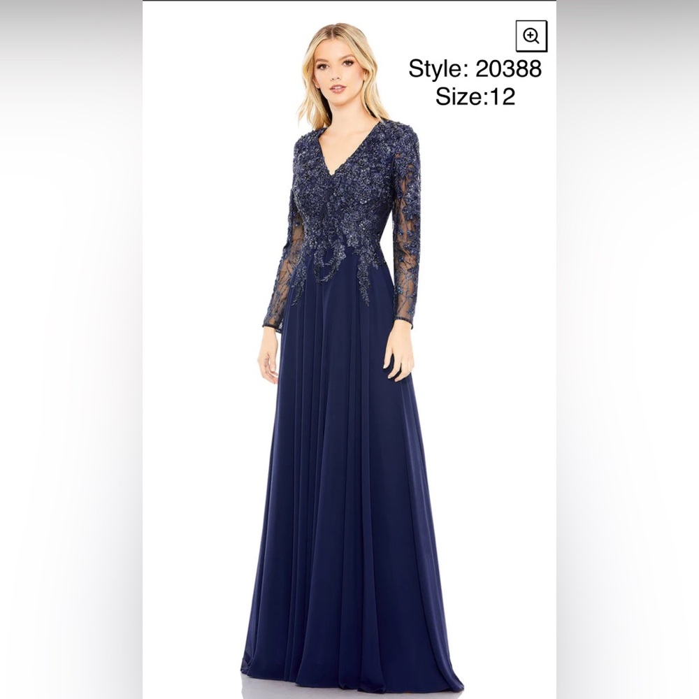 Embroidered bodice, sheer long sleeve gown